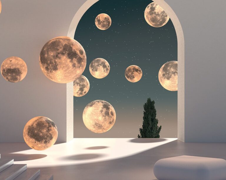 Visuel de l'affiche 2024 de la nuit des musées. Des lunes apparaissent dans l'encadrement d'une alcôve donnant sur l'extérieur. L'intérieur est épurée pour représenter un musée.